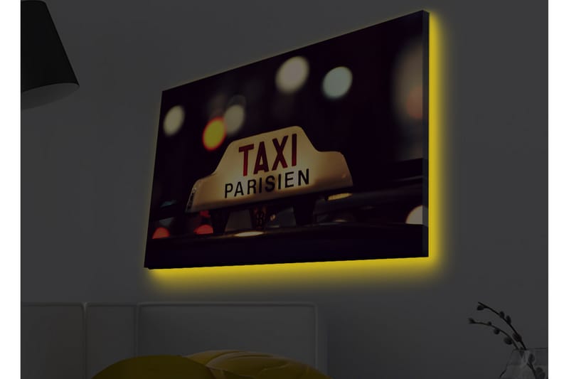 Canvastavla med LED-belysning - Taxi-skylt med texten TAXI PARISIEN i en nattlig stadsmiljö - Gult / Svart / Rött - Inredning & dekor - Tavlor & konst - Canvastavla