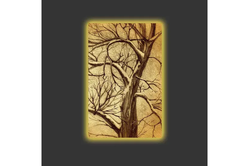 Canvastavla med LED-belysning - Träd med grenar i en stiliserad, gyllene komposition - Guld / Brun - Inredning & dekor - Tavlor & konst - Canvastavla