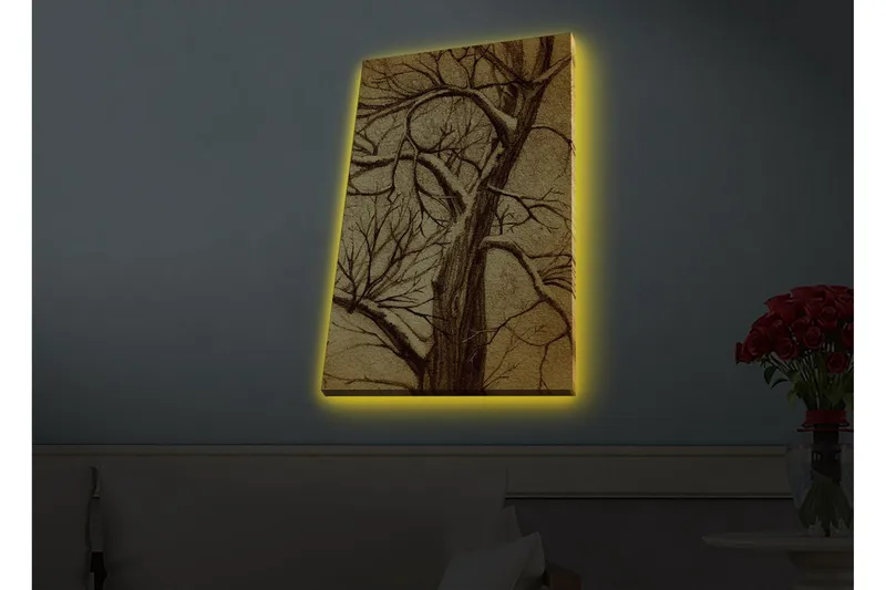 Canvastavla med LED-belysning - Träd med grenar i en stiliserad, gyllene komposition - Guld / Brun - Inredning & dekor - Tavlor & konst - Canvastavla