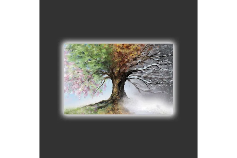 Canvastavla med LED-belysning - Träd med skiftande årstider i en harmonisk komposition - Grön / Brun / Grå - Inredning & dekor - Tavlor & konst - Canvastavla