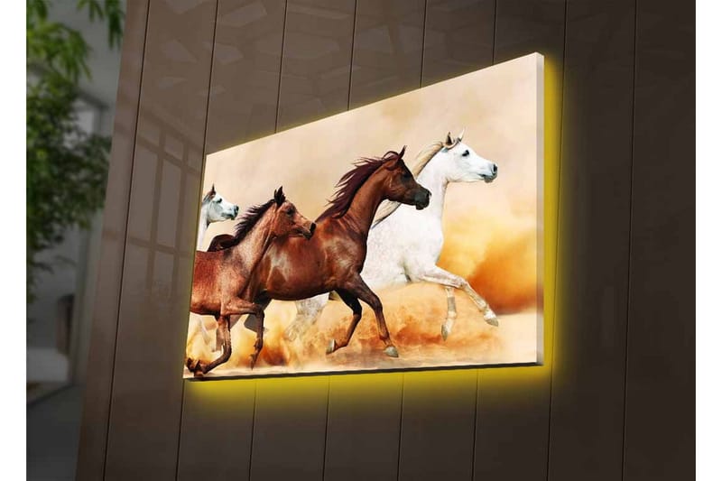 Canvastavla med LED-belysning - Tre hästar i rörelse över en sandig yta - Brun / Vit / Beige - Inredning & dekor - Tavlor & konst - Canvastavla