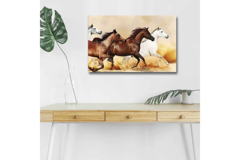 Canvastavla med LED-belysning - Tre hästar i rörelse över en sandig yta, Brun / Vit / Beige