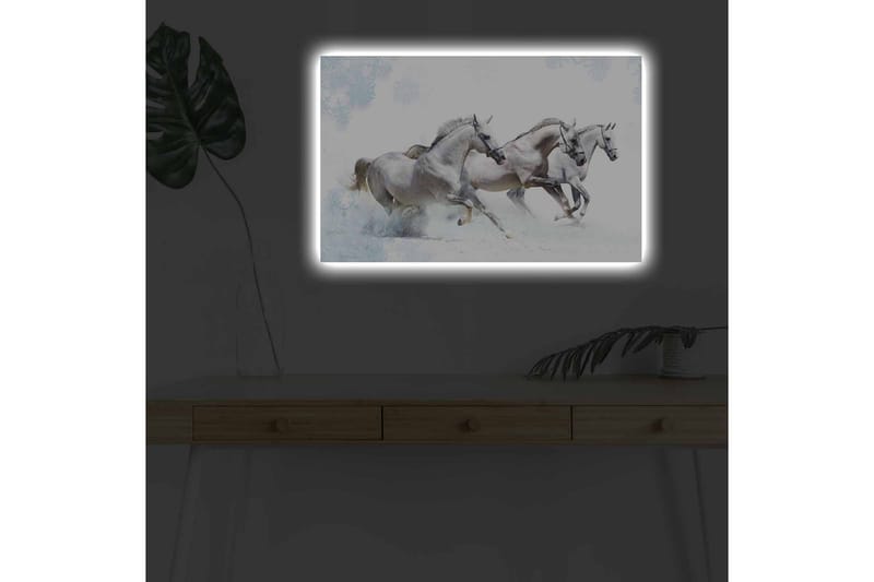 Canvastavla med LED-belysning - Tre vita hästar som galopperar genom snölandskap - Vit / Ljusgrå / Blå - Inredning & dekor - Tavlor & konst - Canvastavla