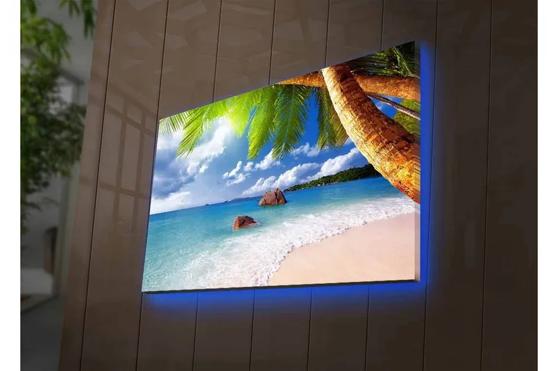 Canvastavla med LED-belysning - Tropisk strand med palmer och klart blått hav - Blå / Grön / Beige - Inredning & dekor - Tavlor & konst - Canvastavla