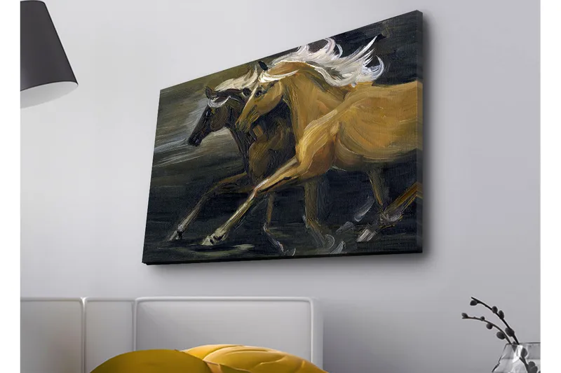 Canvastavla med LED-belysning - Två hästar i rörelse med kraftfulla muskulösa former - Guld / Svart - Inredning & dekor - Tavlor & konst - Canvastavla