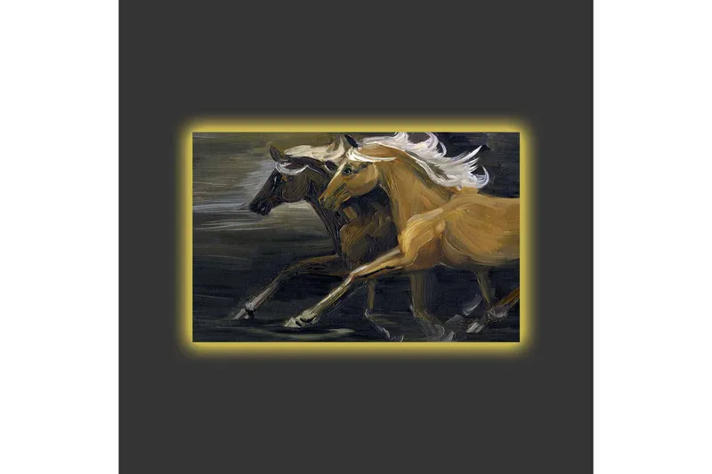 Canvastavla med LED-belysning - Två hästar i rörelse med kraftfulla muskulösa former - Guld / Svart - Inredning & dekor - Tavlor & konst - Canvastavla