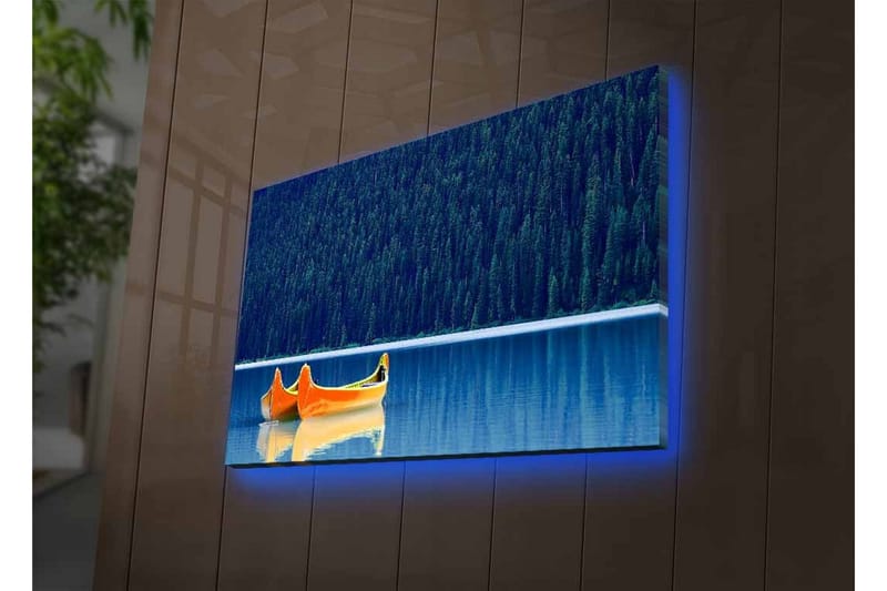 Canvastavla med LED-belysning - Två kanoter i en spegelblanka sjö omgiven av tät skog - Blå / Orange - Inredning & dekor - Tavlor & konst - Canvastavla