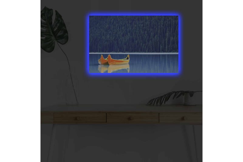 Canvastavla med LED-belysning - Två kanoter i en spegelblanka sjö omgiven av tät skog - Blå / Orange - Inredning & dekor - Tavlor & konst - Canvastavla