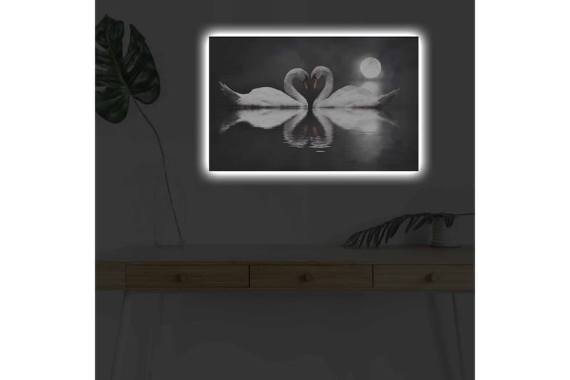 Canvastavla med LED-belysning - Två svanar som formar ett hjärta i en spegelblanka sjö under en måne - Vit / Svart / Grå - Inredning & dekor - Tavlor & konst - Canvastavla