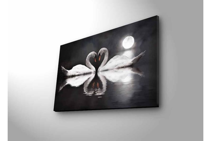 Canvastavla med LED-belysning - Två svanar som formar ett hjärta i en spegelblanka sjö under en måne - Vit / Svart / Grå - Inredning & dekor - Tavlor & konst - Canvastavla