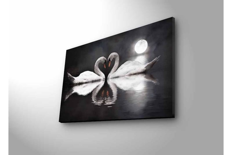 Canvastavla med LED-belysning - Två svanar som formar ett hjärta i en spegelblanka sjö under en måne - Vit / Svart / Grå - Inredning & dekor - Tavlor & konst - Canvastavla