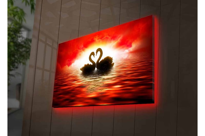 Canvastavla med LED-belysning - Två svanar som formar ett hjärta mot en dramatisk solnedgång - Röd / Svart / Orange - Inredning & dekor - Tavlor & konst - Canvastavla