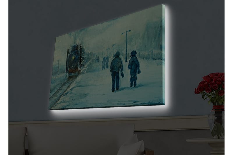 Canvastavla med LED-belysning - Två personer som promenerar i snön under en dimmig himmel - Blå / Vit / Grå - Inredning & dekor - Tavlor & konst - Canvastavla
