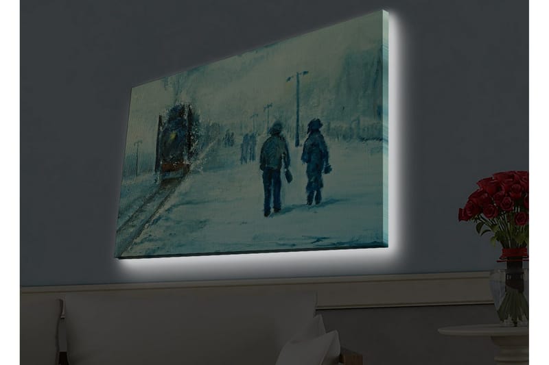 Canvastavla med LED-belysning - Två personer som promenerar i snön under en dimmig himmel - Blå / Vit / Grå - Inredning & dekor - Tavlor & konst - Canvastavla