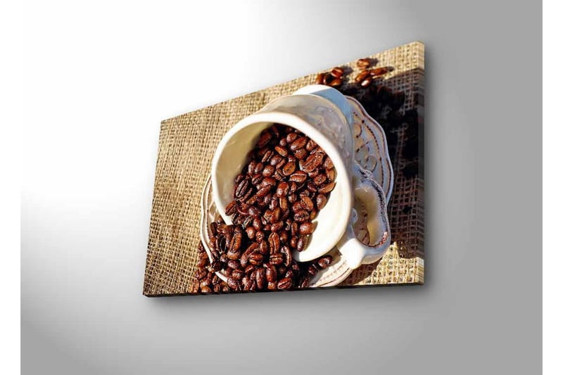 Canvastavla med LED-belysning - Utkast av en kopp med kaffebönor som sprider sig över en juteväv - Mörkbrun / Beige - Inredning & dekor - Tavlor & konst - Canvastavla