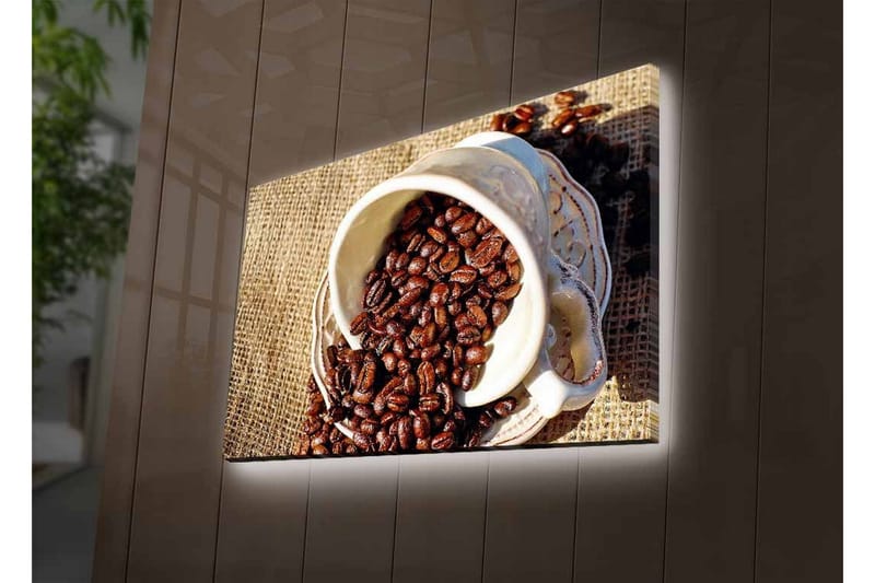 Canvastavla med LED-belysning - Utkast av en kopp med kaffebönor som sprider sig över en juteväv - Mörkbrun / Beige - Inredning & dekor - Tavlor & konst - Canvastavla