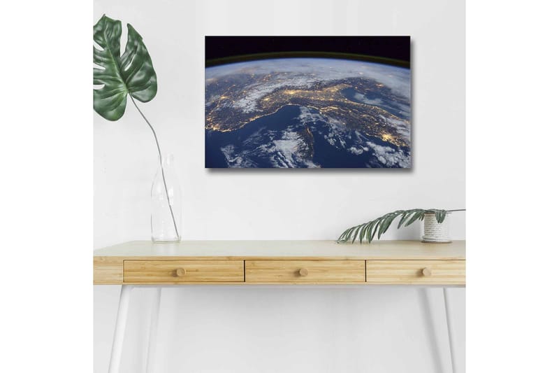 Canvastavla med LED-belysning - Utsikt över jorden med städer belysta i natten - Mörkblå / Vit / Gul - Inredning & dekor - Tavlor & konst - Canvastavla