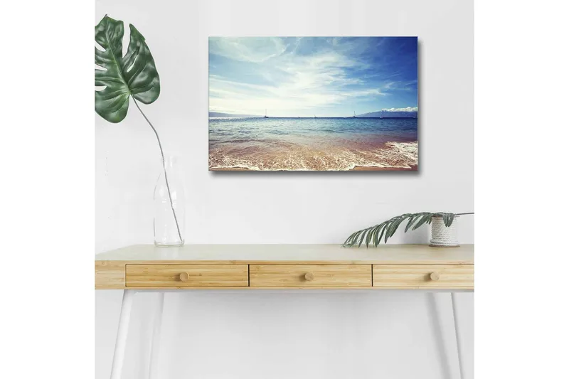 Canvastavla med LED-belysning - Vacker havsutsikt med klarblå himmel och mjuka vågor, Blå / Beige / Vit