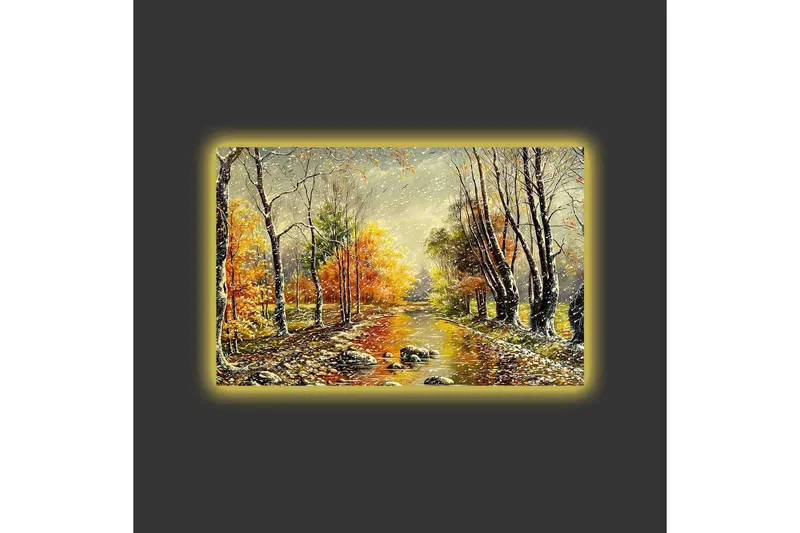Canvastavla med LED-belysning - Vacker höstlandskap med en spegelblanka flod omgiven av färgglada träd - Orange / Grön / Brun - Inredning & dekor - Tavlor & konst - Canvastavla