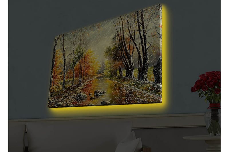 Canvastavla med LED-belysning - Vacker höstlandskap med en spegelblanka flod omgiven av färgglada träd - Orange / Grön / Brun - Inredning & dekor - Tavlor & konst - Canvastavla