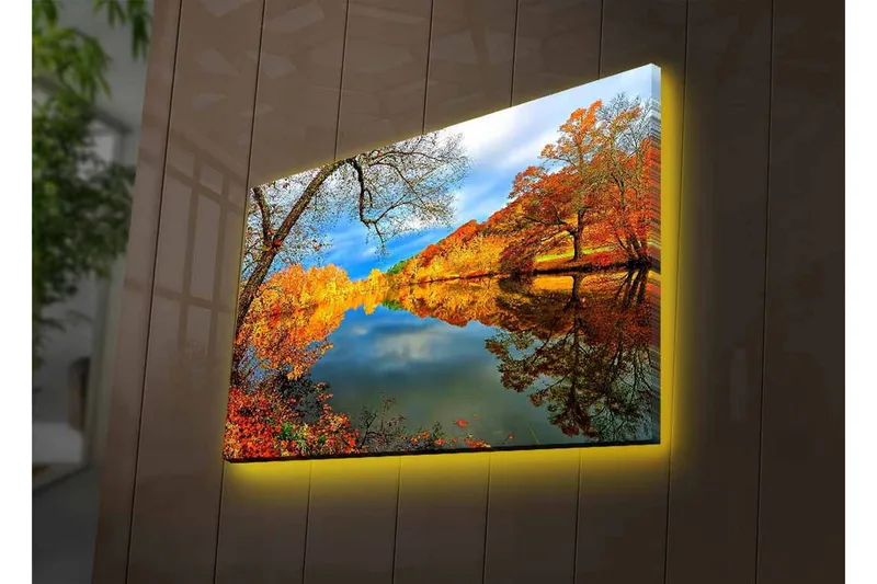 Canvastavla med LED-belysning - Vacker höstlandskap med spegelblanka sjöar och färgglada träd - Orange / Gult / Grönt - Inredning & dekor - Tavlor & konst - Canvastavla