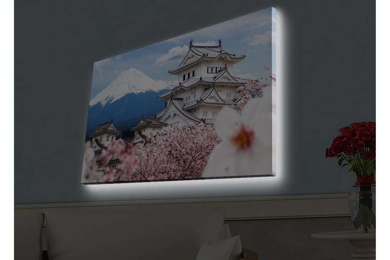 Canvastavla med LED-belysning - Vacker japansk slott med körsbärsblommor och Mount Fuji i bakgrunden - Vit / Rosa / Blå - Inredning & dekor - Tavlor & konst - Canvastavla