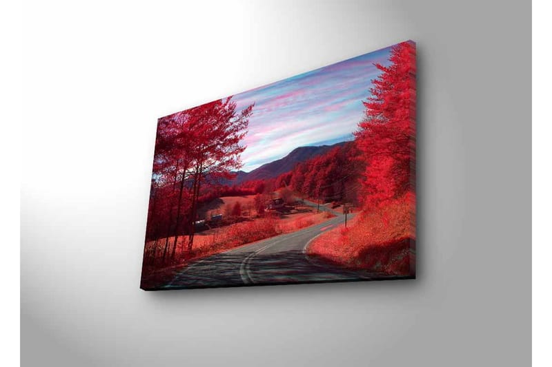 Canvastavla med LED-belysning - Vacker landskapsvy med röda träd och en slingrande väg - Röd / Grå / Blå - Inredning & dekor - Tavlor & konst - Canvastavla