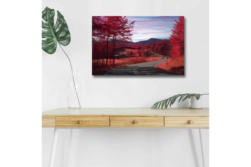 Canvastavla med LED-belysning - Vacker landskapsvy med röda träd och en slingrande väg, Röd / Grå / Blå