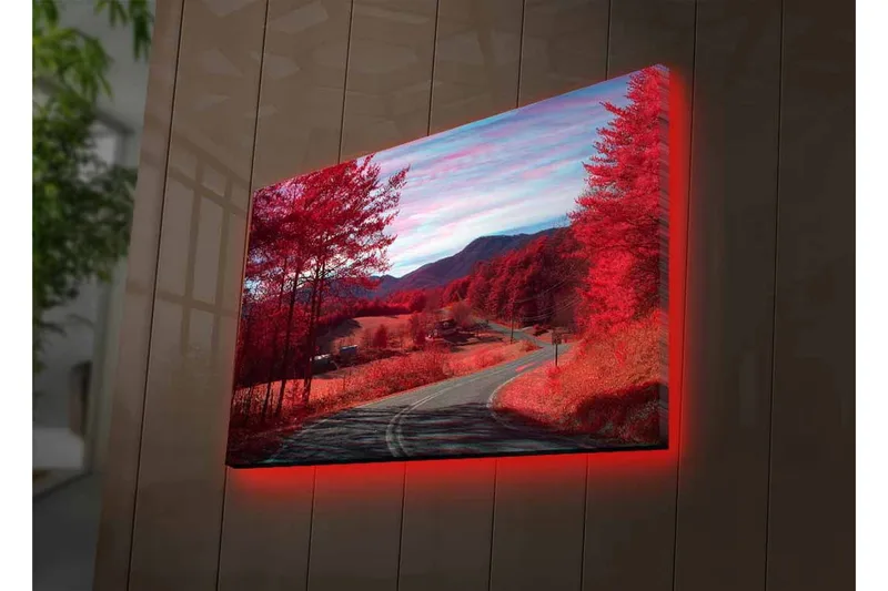 Canvastavla med LED-belysning - Vacker landskapsvy med röda träd och en slingrande väg - Röd / Grå / Blå - Inredning & dekor - Tavlor & konst - Canvastavla