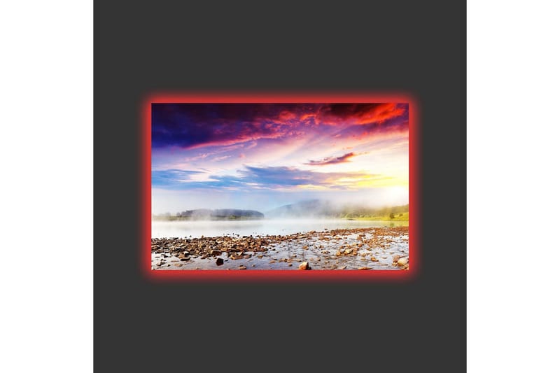 Canvastavla med LED-belysning - Vacker landskapsvy med soluppgång över en dimmig sjö - Lila / Orange / Blå - Inredning & dekor - Tavlor & konst - Canvastavla