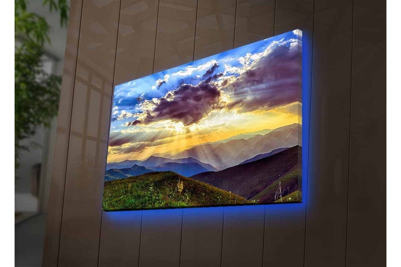 Canvastavla med LED-belysning - Vacker solnedgång över berg och dalar - Blå / Orange / Grön - Inredning & dekor - Tavlor & konst - Canvastavla