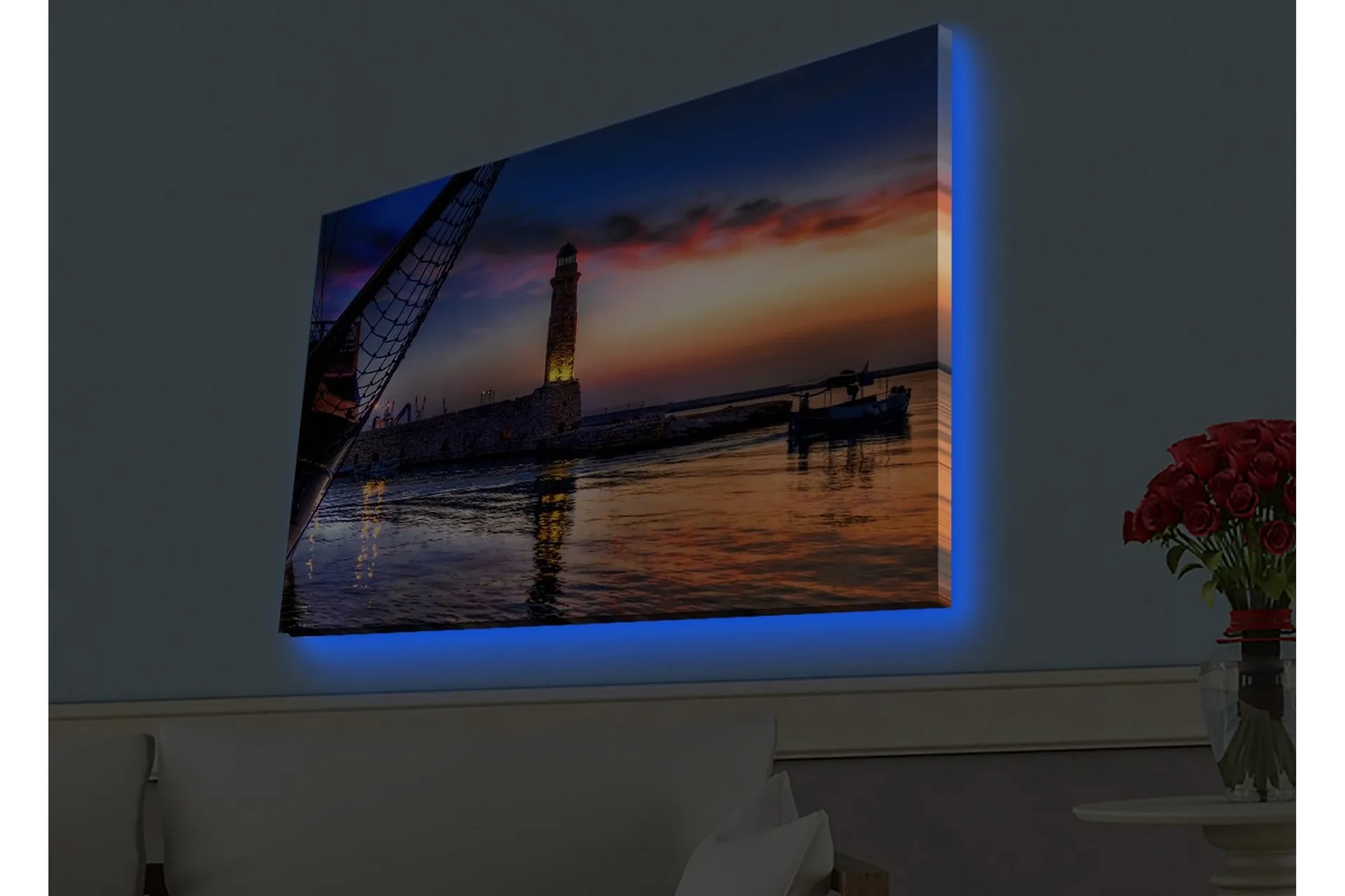 Canvastavla med LED-belysning - Vacker solnedgång över en hamn med en ...