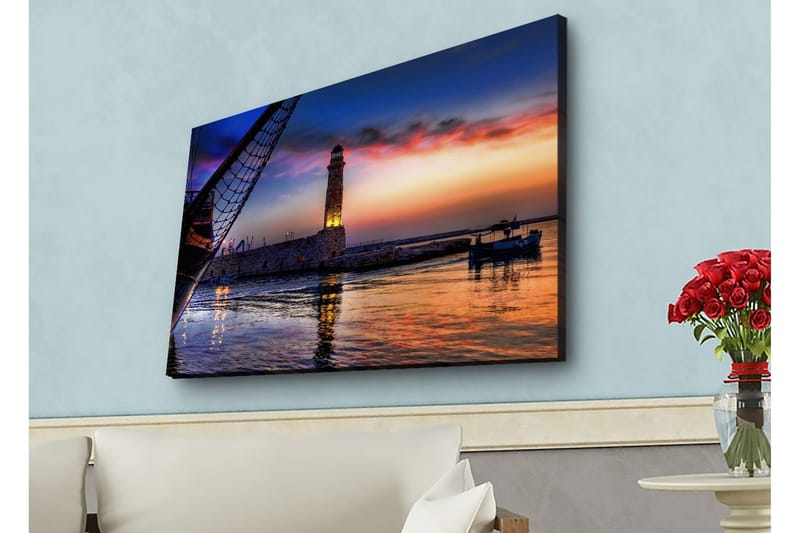 Canvastavla med LED-belysning - Vacker solnedgång över en hamn med en fyr och båtar - Mörkblå / Orange / Lila - Inredning & dekor - Tavlor & konst - Canvastavla