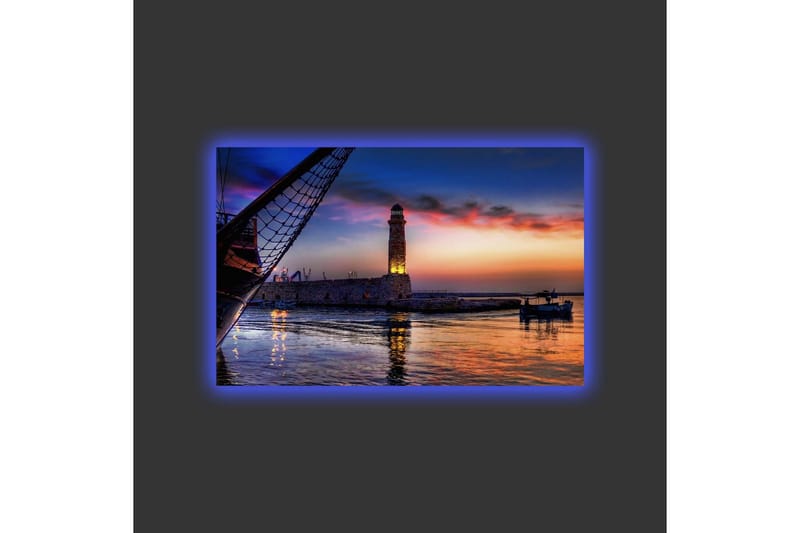 Canvastavla med LED-belysning - Vacker solnedgång över en hamn med en fyr och båtar - Mörkblå / Orange / Lila - Inredning & dekor - Tavlor & konst - Canvastavla
