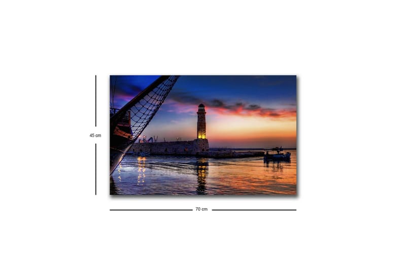 Canvastavla med LED-belysning - Vacker solnedgång över en hamn med en fyr och båtar - Mörkblå / Orange / Lila - Inredning & dekor - Tavlor & konst - Canvastavla