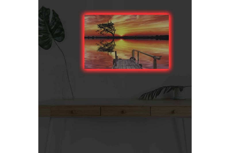 Canvastavla med LED-belysning - Vacker solnedgång över en spegelblanka sjö med en ensam trädbank - Orange / Gul / Svart - Inredning & dekor - Tavlor & konst - Canvastavla