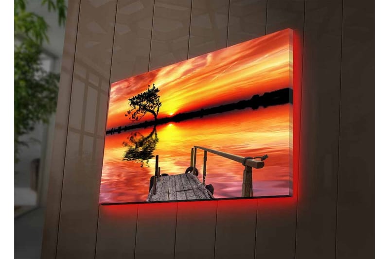 Canvastavla med LED-belysning - Vacker solnedgång över en spegelblanka sjö med en ensam trädbank - Orange / Gul / Svart - Inredning & dekor - Tavlor & konst - Canvastavla