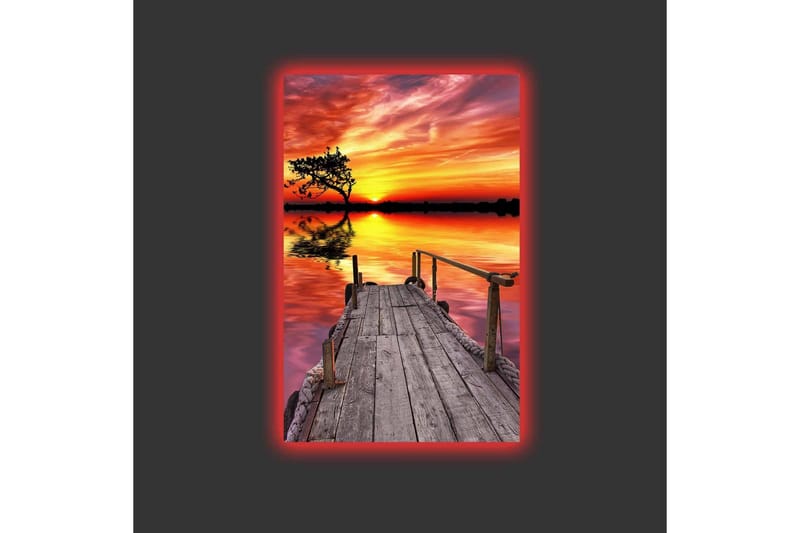 Canvastavla med LED-belysning - Vacker solnedgång över en stilla sjö med en träbrygga i förgrunden - Orange / Lila / Grön - Inredning & dekor - Tavlor & konst - Canvastavla
