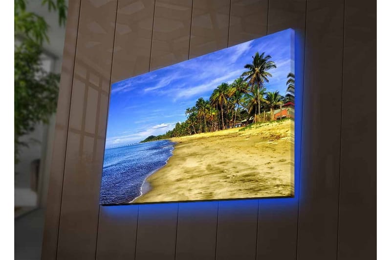 Canvastavla med LED-belysning - Vacker strand med palmer och klarblå himmel - Blå / Grön / Beige - Inredning & dekor - Tavlor & konst - Canvastavla