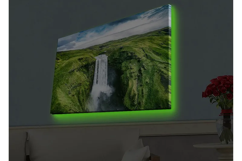 Canvastavla med LED-belysning - Vacker vattenfall i en grönskande dalgång - Grön / Vit / Blå - Inredning & dekor - Tavlor & konst - Canvastavla