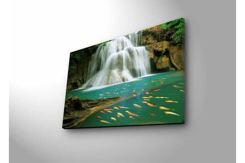 Canvastavla med LED-belysning - Vacker vattenfall med simmande karpar i klart vatten - Turkos / Grön / Orange - Inredning & dekor - Tavlor & konst - Canvastavla
