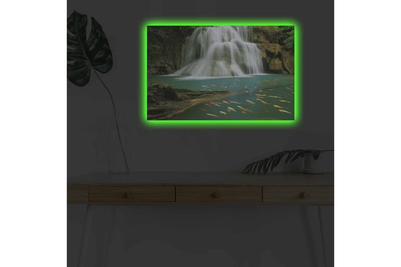 Canvastavla med LED-belysning - Vacker vattenfall med simmande karpar i klart vatten - Turkos / Grön / Orange - Inredning & dekor - Tavlor & konst - Canvastavla