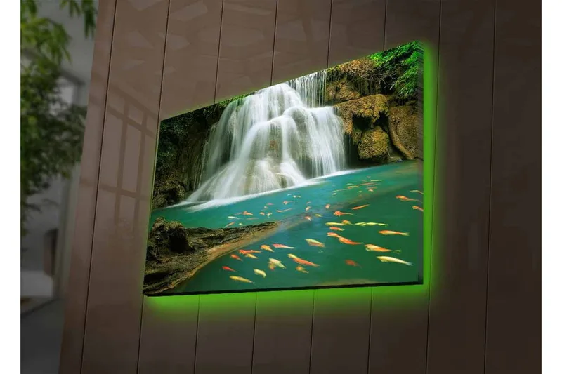 Canvastavla med LED-belysning - Vacker vattenfall med simmande karpar i klart vatten - Turkos / Grön / Orange - Inredning & dekor - Tavlor & konst - Canvastavla