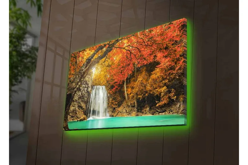 Canvastavla med LED-belysning - Vacker vattenfall omgiven av höstfärgade träd - Orange / Grön / Brun - Inredning & dekor - Tavlor & konst - Canvastavla
