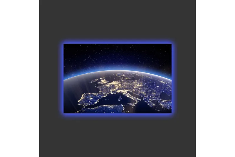 Canvastavla med LED-belysning - Vacker vy av jorden med Europa belyst av stjärnor och stadsljus - Mörkblå / Ljusblå / Vit - Inredning & dekor - Tavlor & konst - Canvastavla