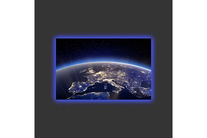 Canvastavla med LED-belysning - Vacker vy av jorden med Europa belyst av stjärnor och stadsljus - Mörkblå / Ljusblå / Vit - Inredning & dekor - Tavlor & konst - Canvastavla