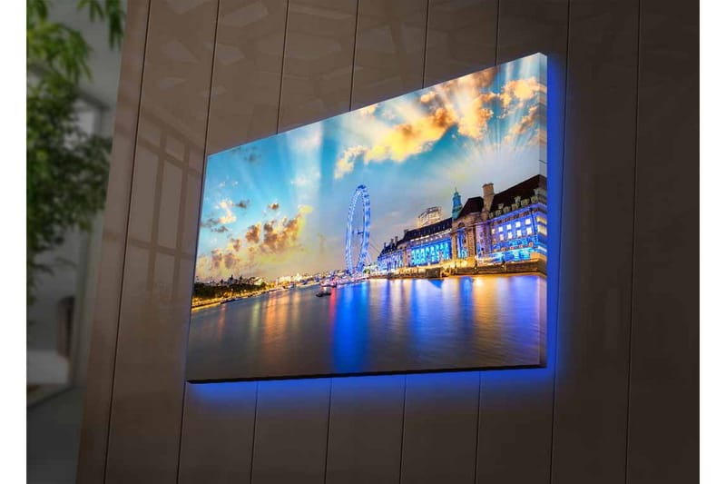 Canvastavla med LED-belysning - Vacker vy över en stad vid vattnet med ett stort pariserhjul och färgglada byggnader - Blå / Gul / Vit - Inredning & dekor - Tavlor & konst - Canvastavla