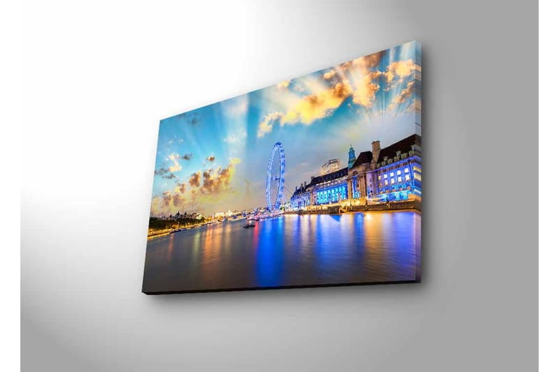 Canvastavla med LED-belysning - Vacker vy över en stad vid vattnet med ett stort pariserhjul och färgglada byggnader - Blå / Gul / Vit - Inredning & dekor - Tavlor & konst - Canvastavla
