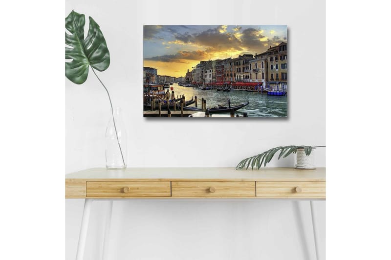 Canvastavla med LED-belysning - Vacker vy över en venetiansk kanal vid solnedgången, Blå / Orange / Beige