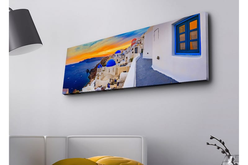 Canvastavla med LED-belysning - Vacker vy över vita hus med blå kupoler mot havet och en färgsprakande solnedgång, Blå / Vit / Orange